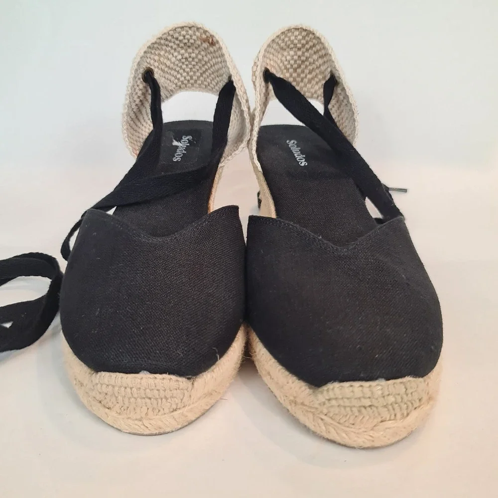 Soludos Black Canvas Marseille Wedge Lace Up Espadrille Sandals Womens Size 8